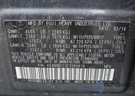 2014 Subaru Outback 2.5I Premium из США, поврежденный, VIN 4S4BRBCC3E3285018